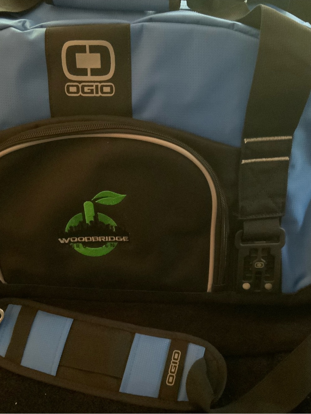 OGIO Blue and Black Duffel Bag with Woodbridge Logo